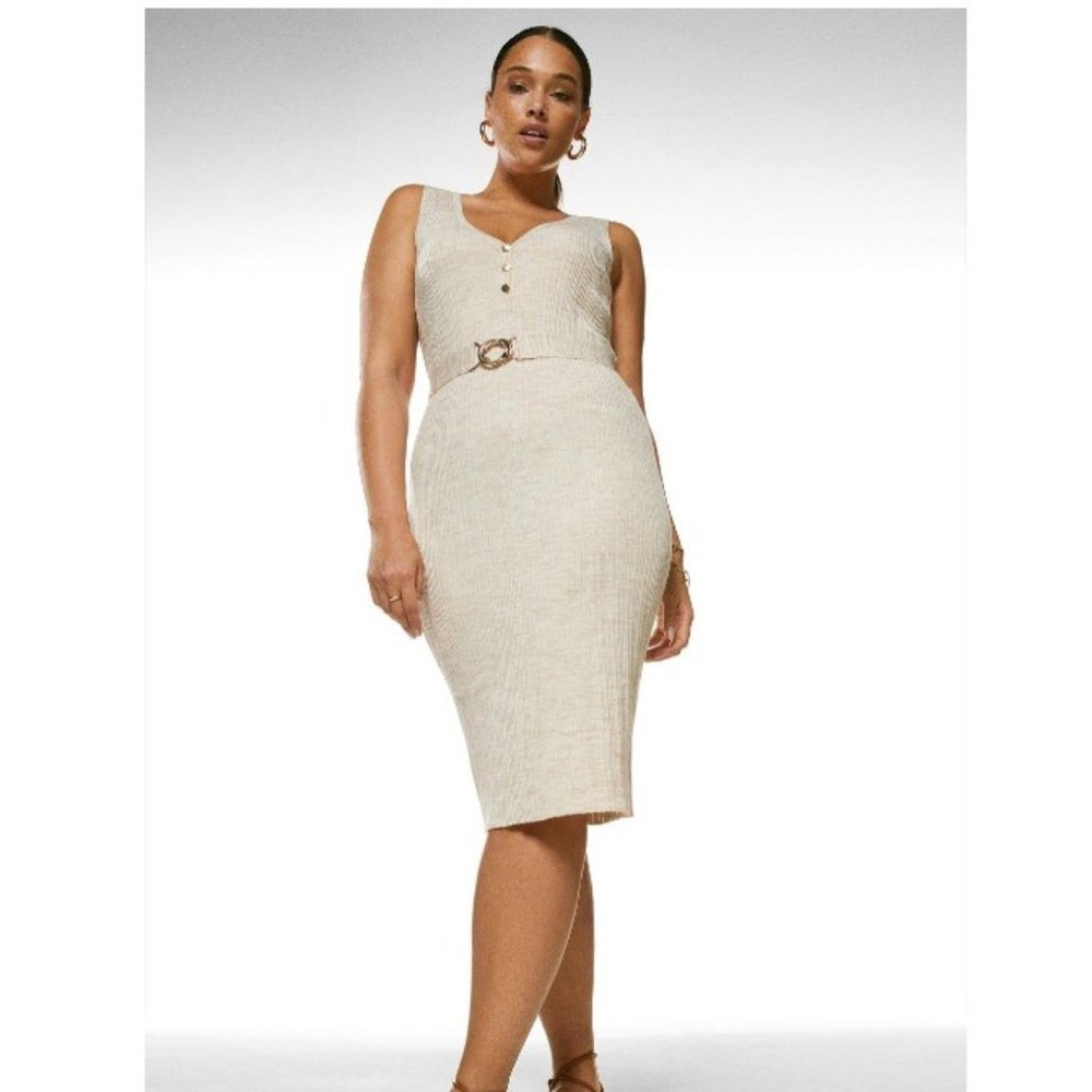 Plus Size Linen Blend Belted Rib Knit Dress